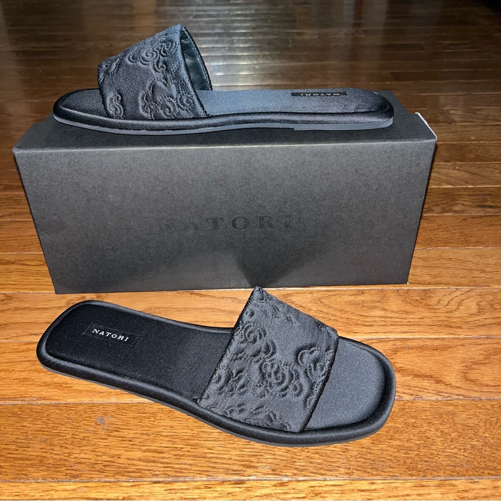 Natori Black Embroidered Slide Sandals - Women's Slip-On
